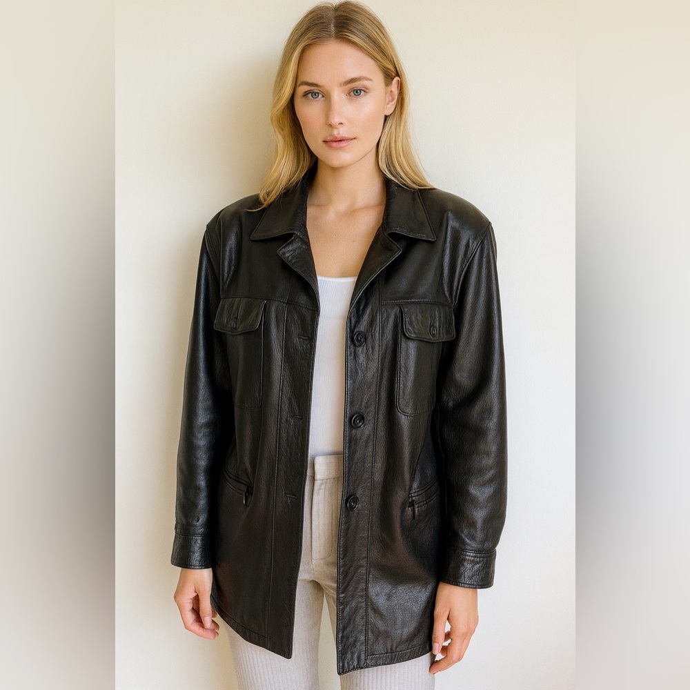 Vintage Genuine Leather Black Minimalist Western Gorpcore Shacket